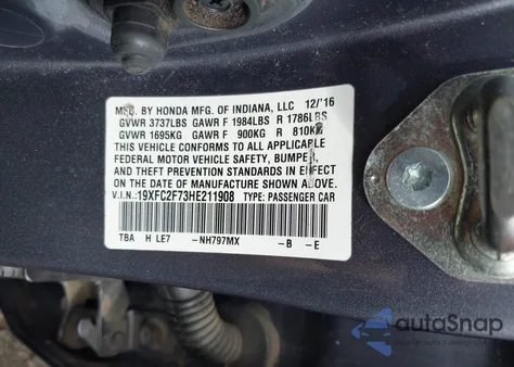 2017 Honda Civic Ex from USA, damaged, VIN 19XFC2F73HE211908